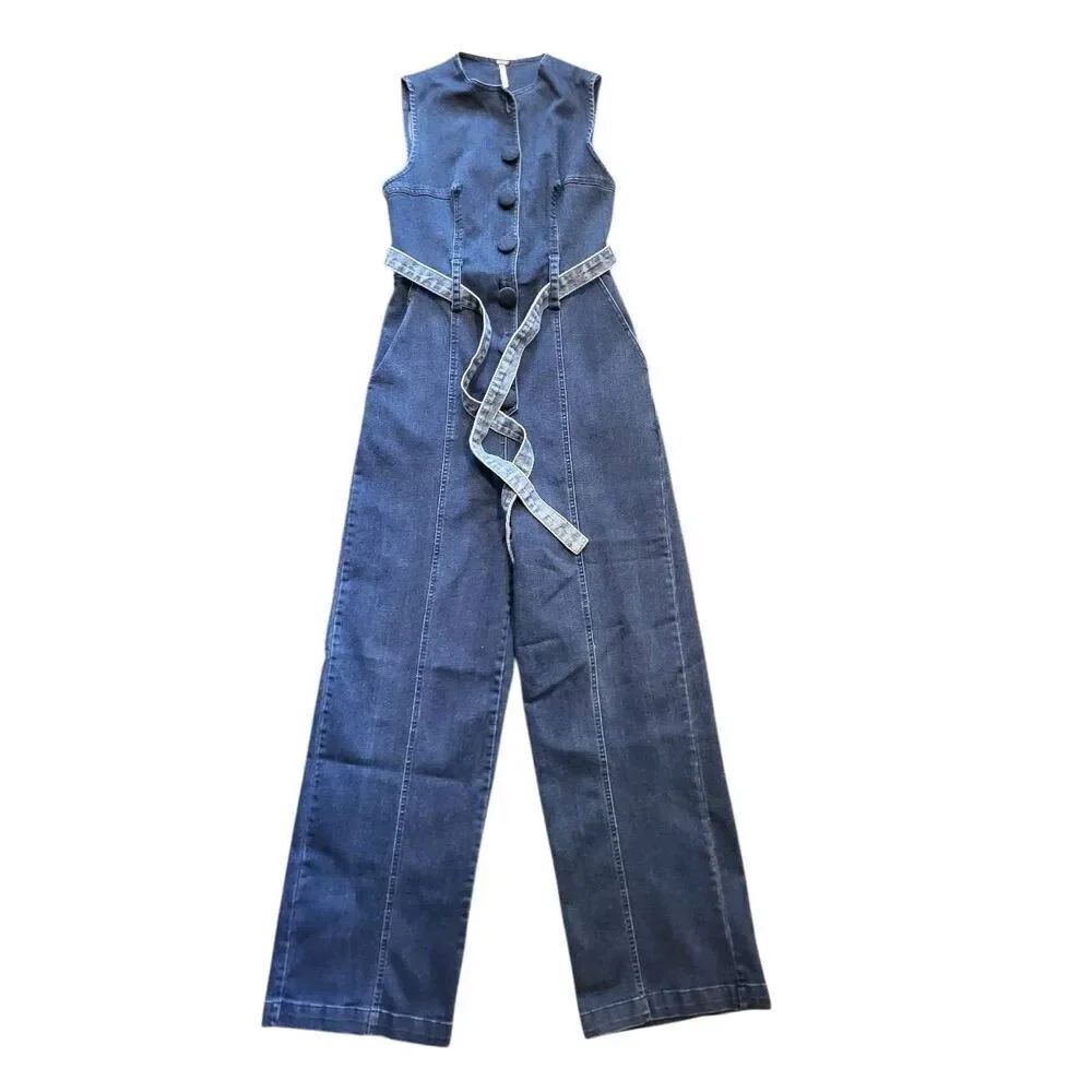 Free People Jumpsuit Women's 2 Blue Denim Sleeveless Button Down Wide Ankle